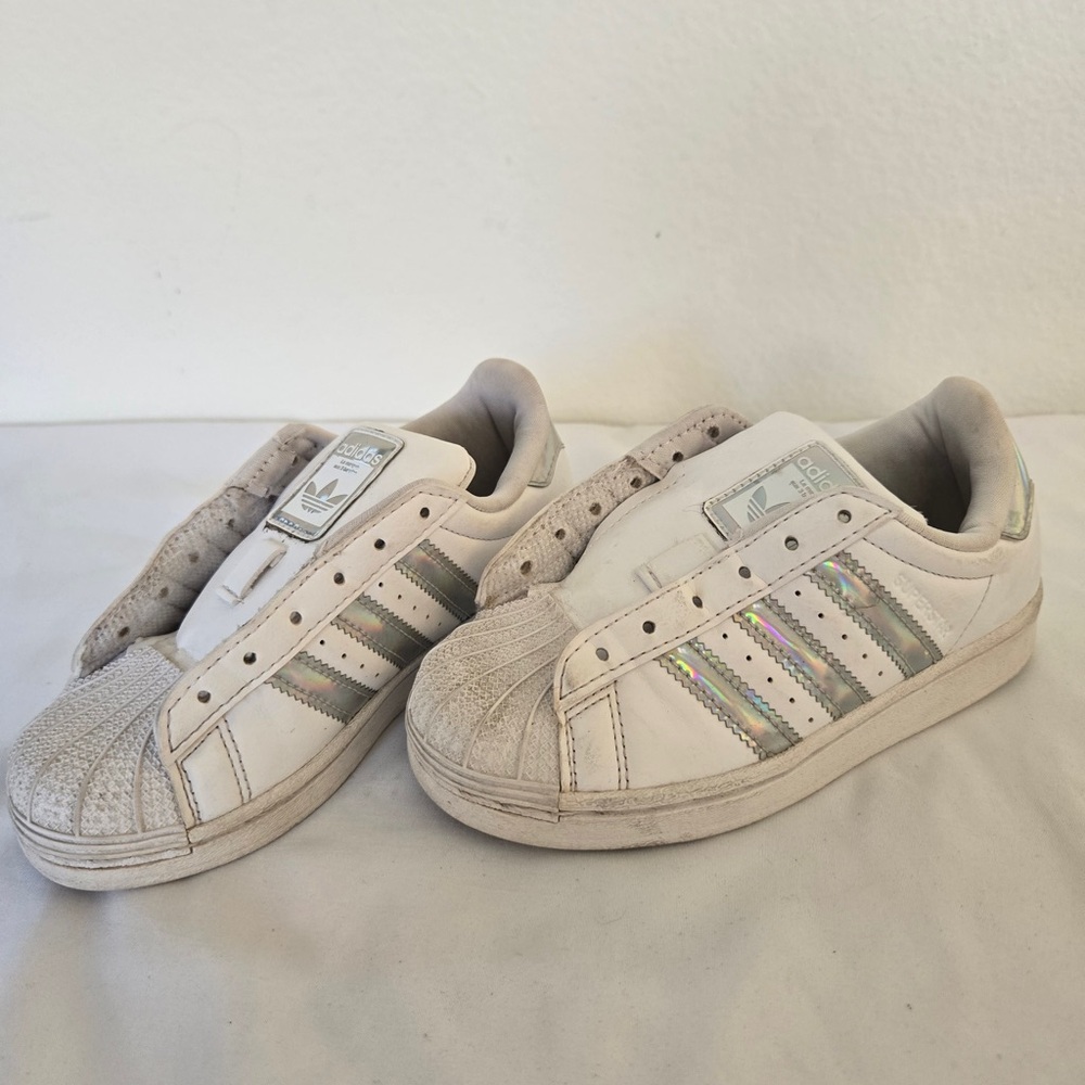 Addidas Superstar Kids Sneakers|White w/Holographic Stripes|Well Worn|No laces